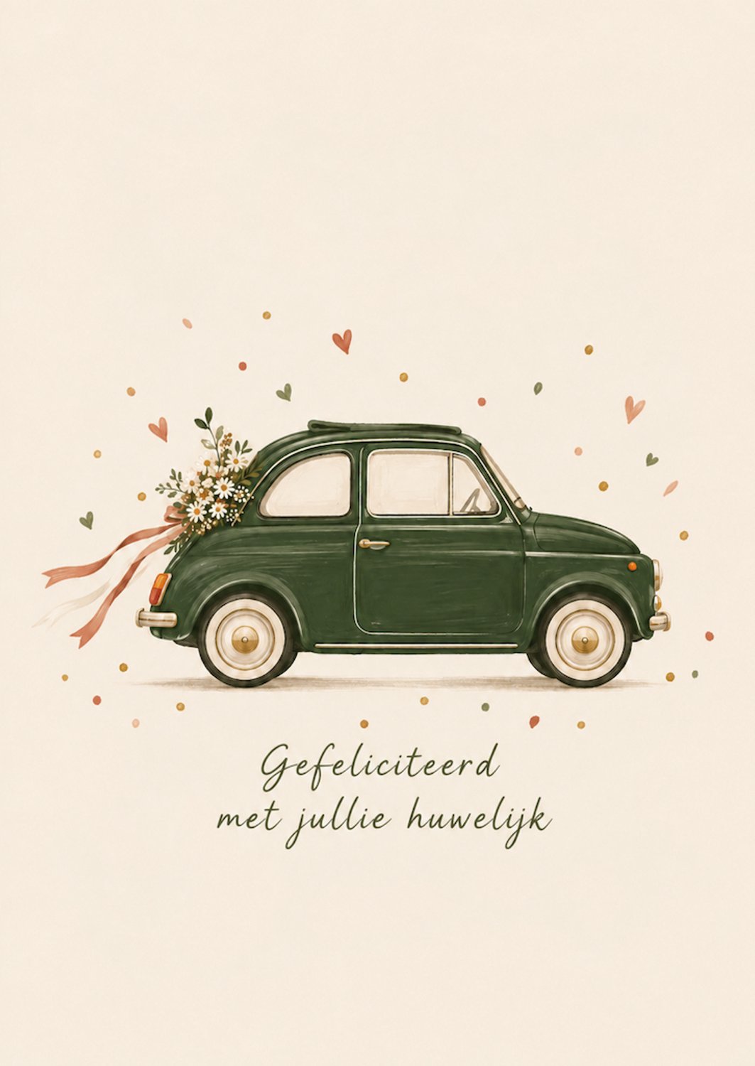 Huwelijkskaart A6 – Gefeliciteerd met jullie huwelijk – Trouwauto met bloemen