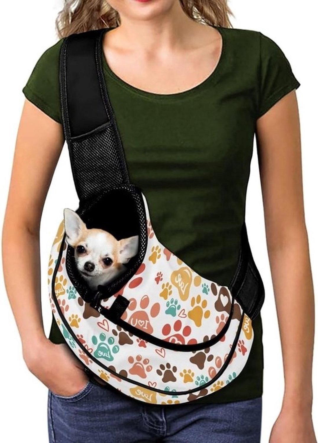 Hondendraagzak - Reistas voor puppy’s - Samen op pad - Verstelbare schouderband - 43 x 13 x 25 cm - Kleurrijke pootprint