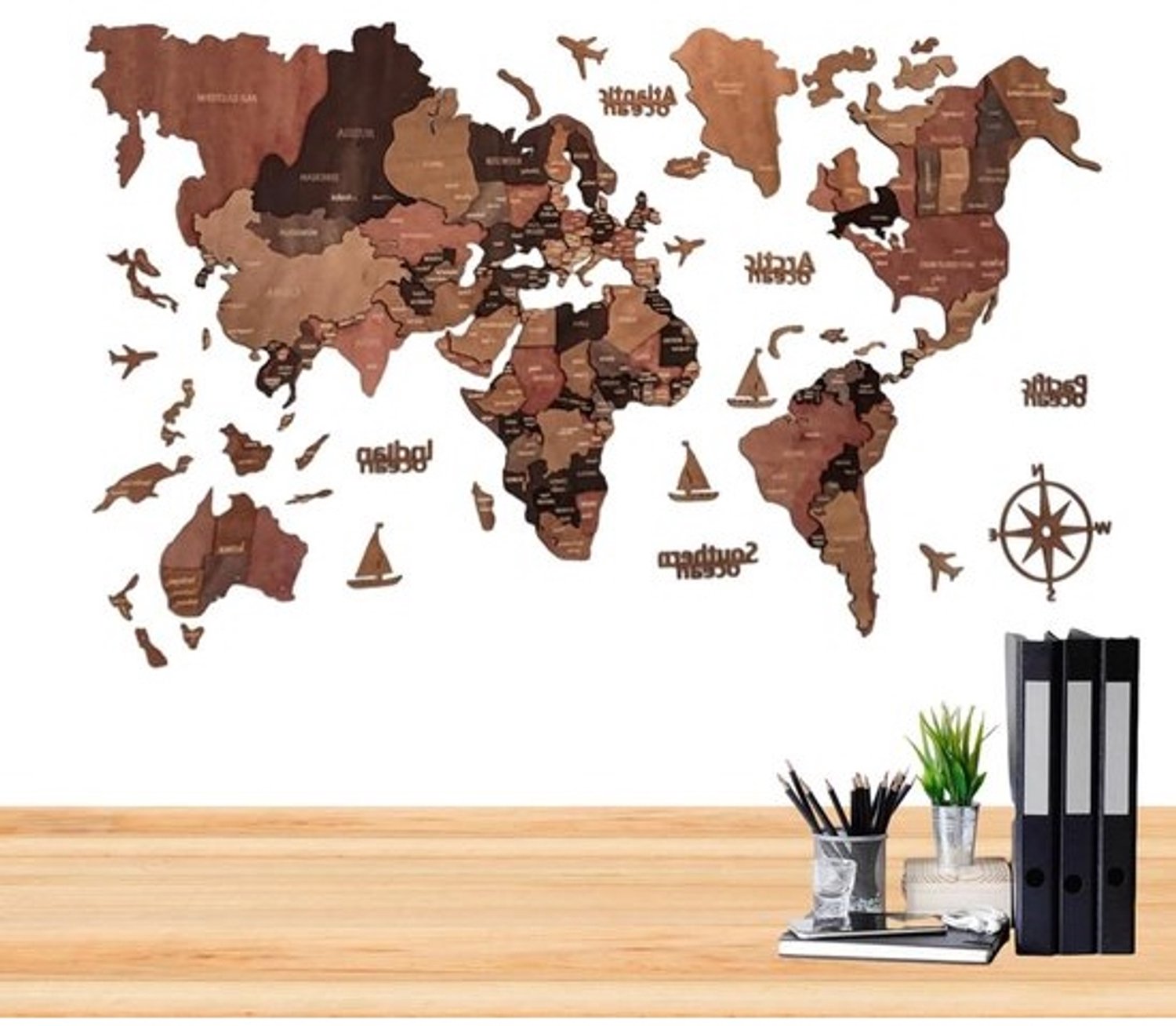 Wereldkaart als muurdecoratie - Kaart van de wereld - Wanddecoratie - Duurzaam hout - 100 x 60 cm - Bruin