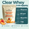 Overzicht van Naturecan Clear Whey met 20g eiwit, 87kcal, perziksmaak en ijsblokjes.