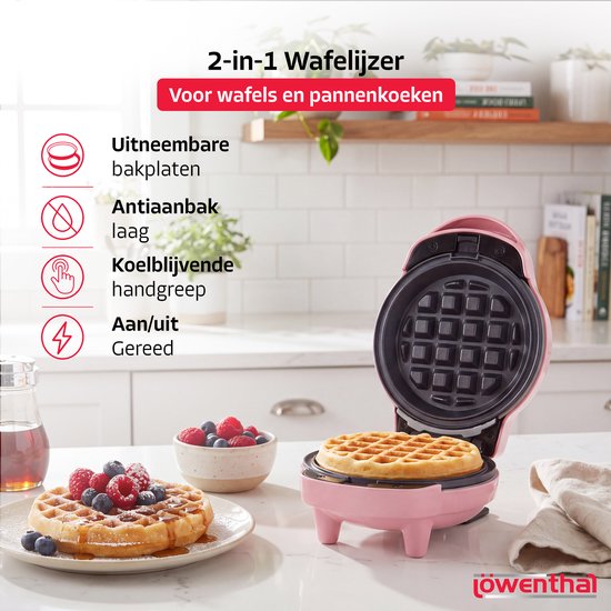 2-in-1 Wafelmaker - Wafelijzer met Verwisselbare Platen - Mini Wafelmaker met Anti Aanbaklaag - Wafel & Pannenkoeken Maker met Koudgrepen - Pancake Maker - Uitneembare Platen - Waffle Maker - Wafelmachine - Waffle Iron - Roze - Löwenthal — afbeelding 5