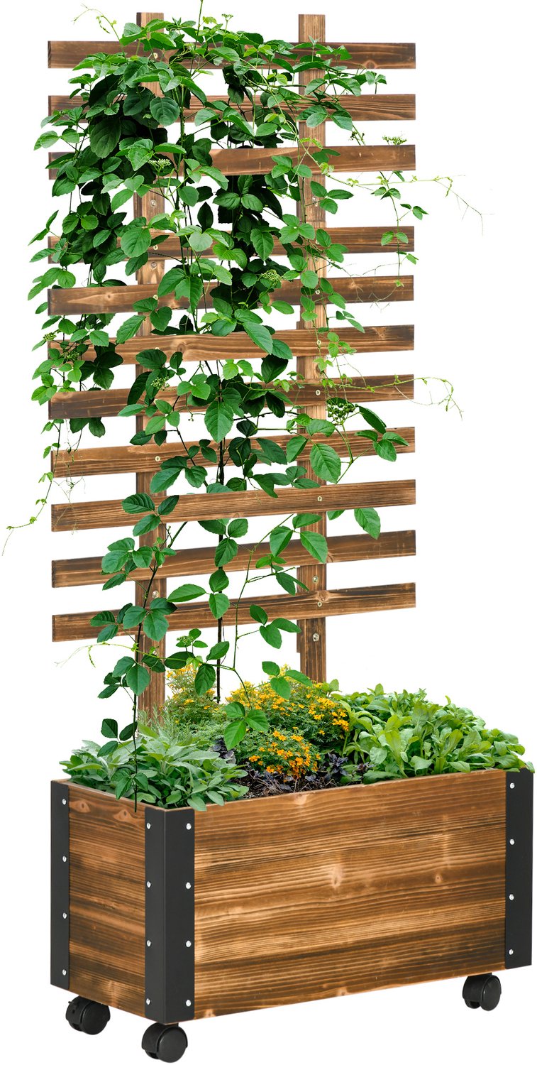 Sunona Verrijdbare plantenbak met klimrek - Van dennenhout - Met 4 wielen en afwateringsgaten - 65 x 31 x 147 cm - Verkoolde kleur