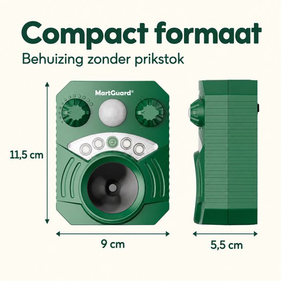Compacte groene MartGuard behuizing met afmetingen van 11,5x9x5,5 cm.
