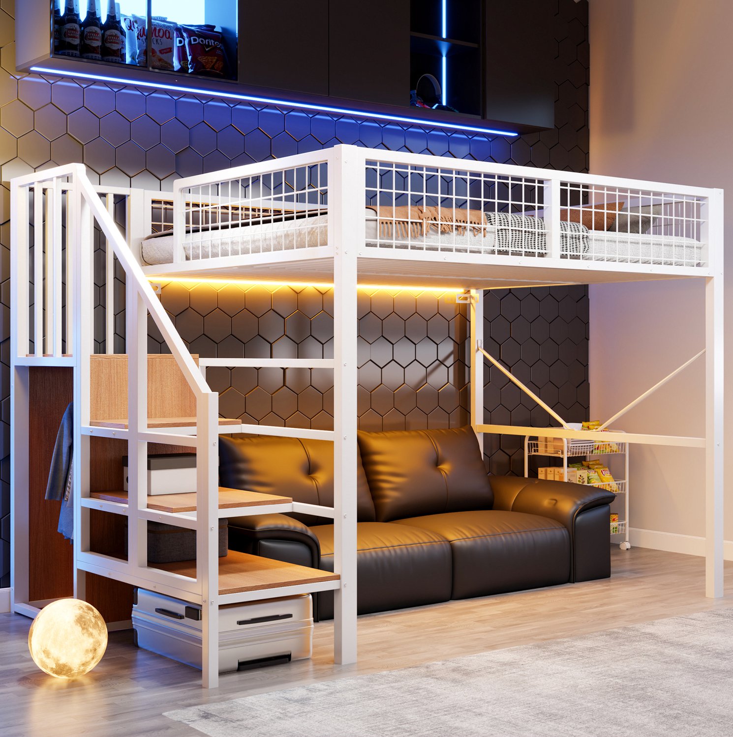 Wishdor Hoogslaper 140 x 200 cm - Opbergladder met kledingroede - LED-verlichting en veiligheidsreling - Industrieel design - Slaapkamer en jeugdkamer - Metaal en hout - Wit