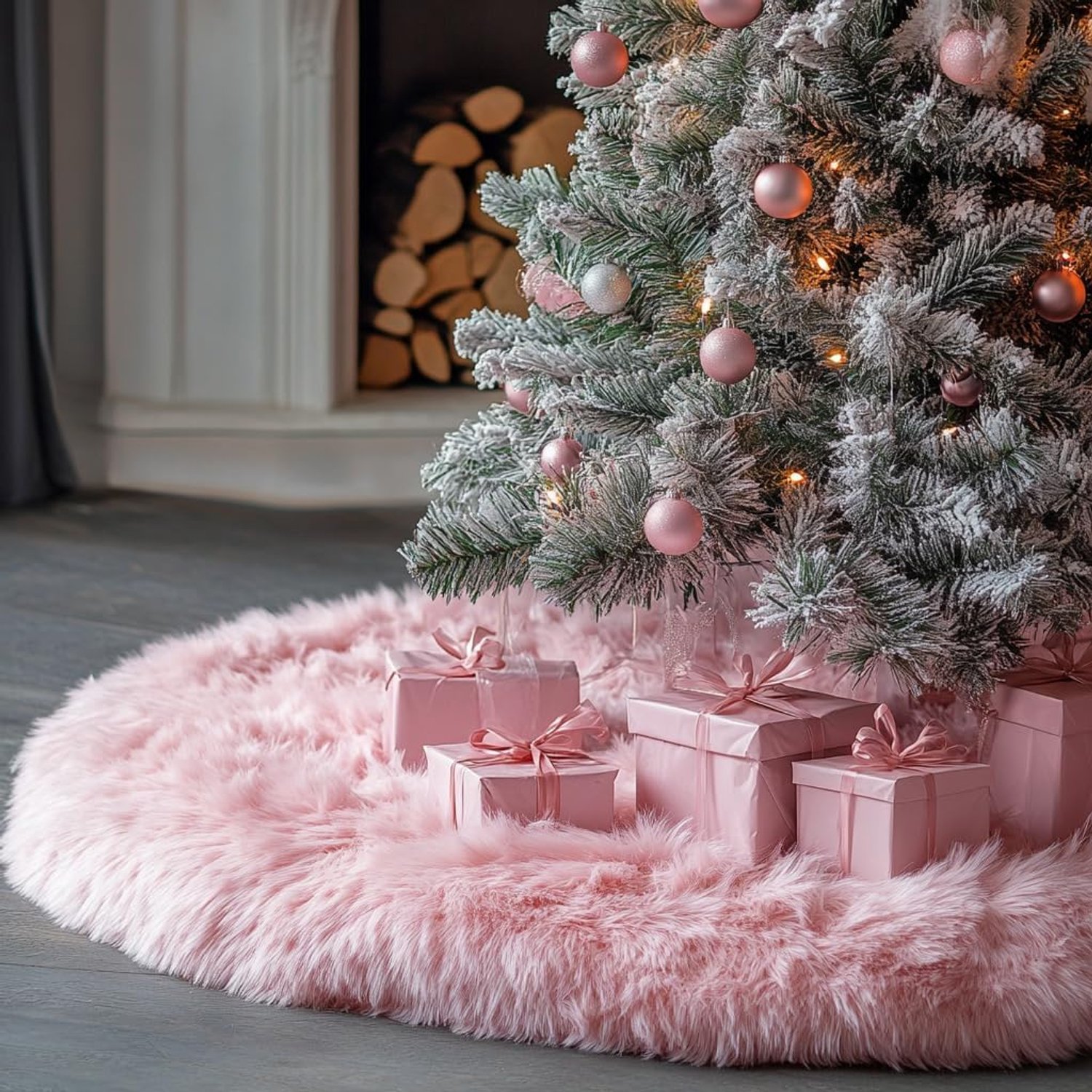 24 inch roze nepbont kerstboomrok – fluwelen Halloween- en kerstboomversiering, geschikt voor kerstbomen, feestdagen en huisdecoratie