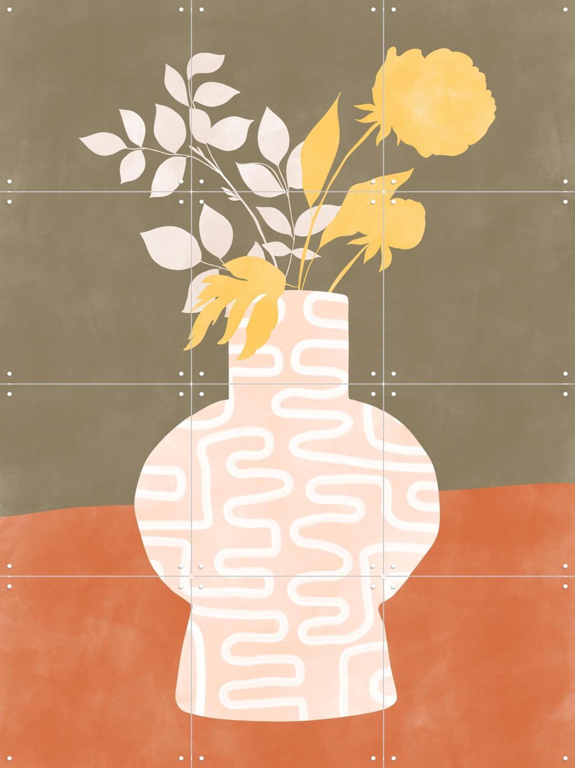 IXXI Modern Botanical Vase, Elena Ristova & Various - 60 x 80 cm - Grote wanddecoratie en posters - Modern, Gang, Slaapkamer, Woonkamer, Eetkamer Groen / Geel