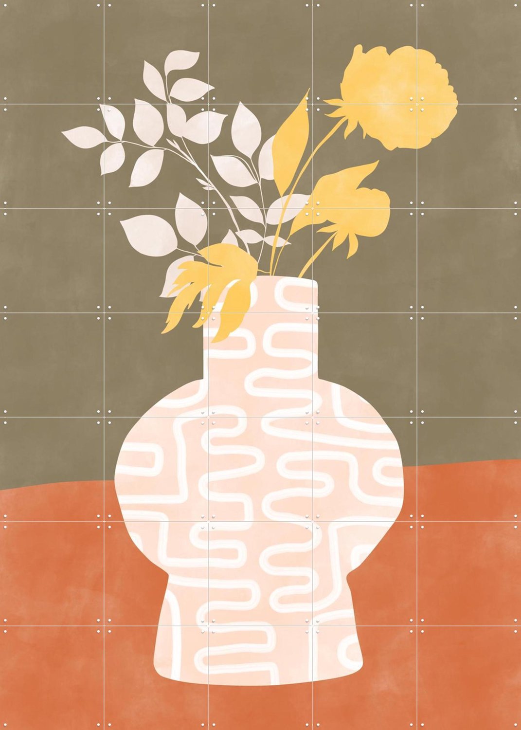 IXXI Modern Botanical Vase, Elena Ristova & Various - 100 x 140 cm - Grote wanddecoratie en posters - Modern, Gang, Slaapkamer, Woonkamer, Eetkamer Groen / Geel