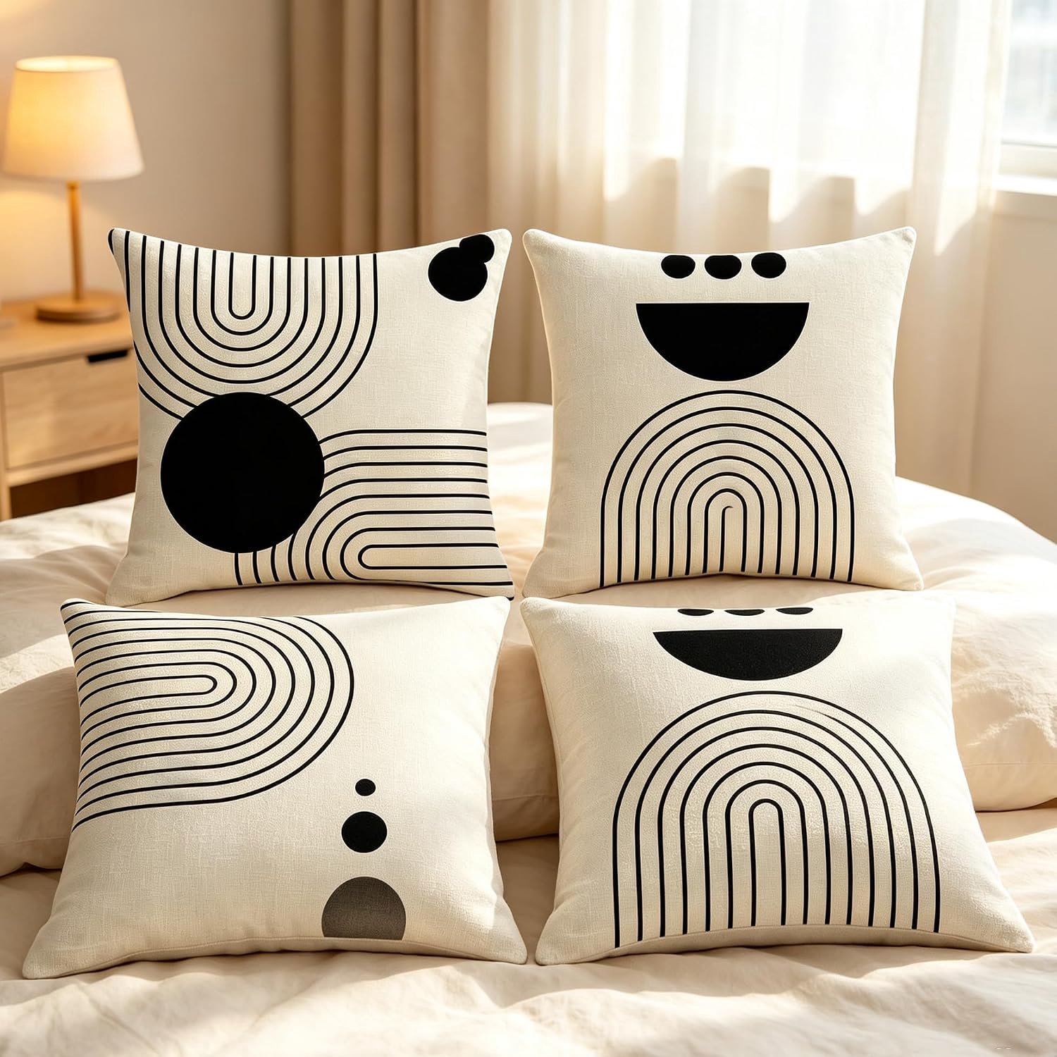 Kussensloop - 4-delige Set Zwart-Wit Mid-Century Sierkussenhoezen - Modern Boog en Opkomende Zon Print - Formaat 45x45 cm - 4 Stuks