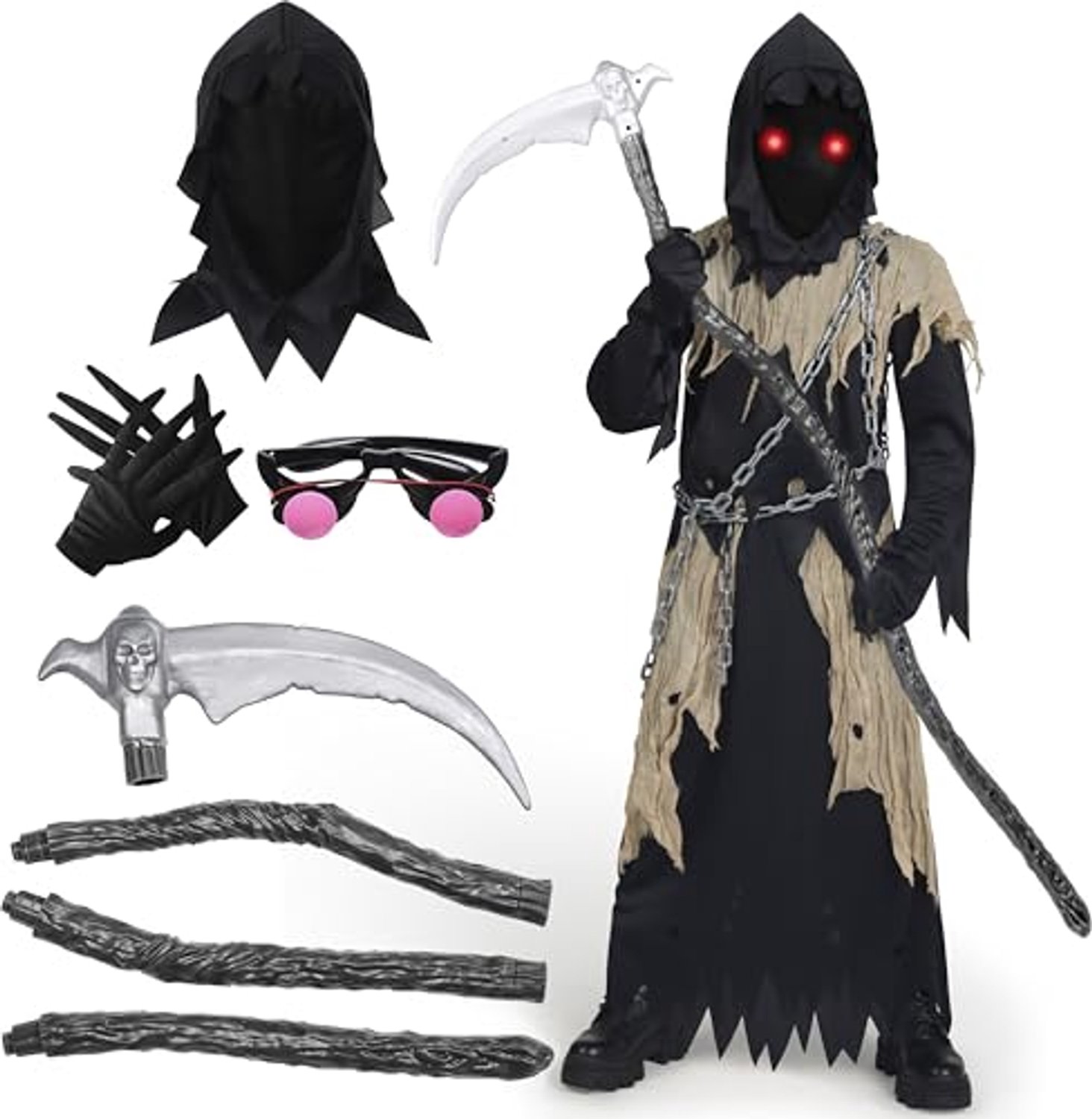 Spooktacular Creations zwart Magere Hein-gewaad met rode lichtgevende ogen voor jongens - maat S