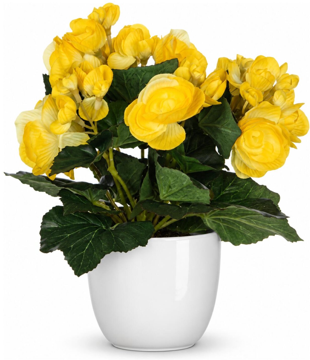 Mica Decorations Kunstplant - Begonia - geel - H25 cm - in bloempot wit - keramiek - complete set van pot en plant - decoratie stuk