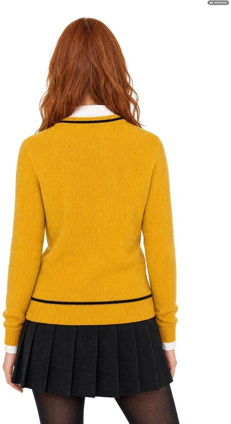 Achteraanzicht van een vrouw met rood haar in een gele Hufflepuff-trui met zwarte strepen en een zwarte plooirok.