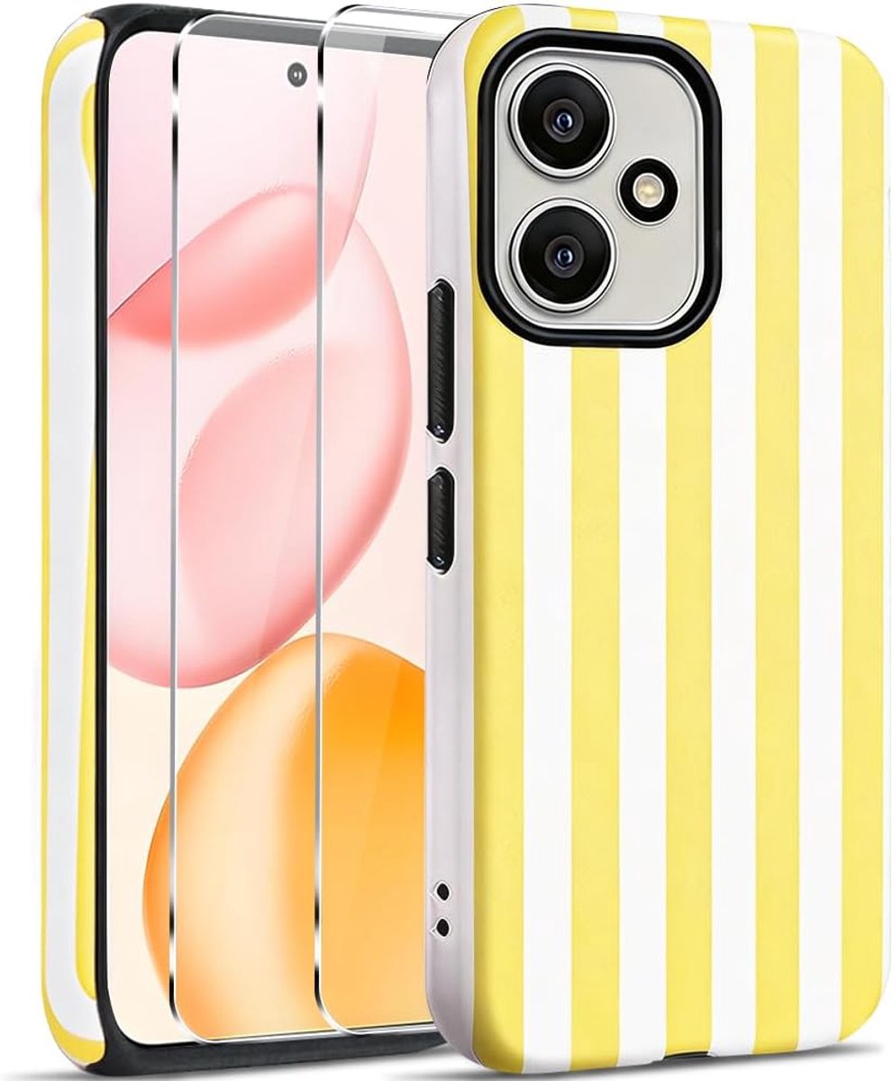 Beschermhoes voor Honor 400 5G met 2 stuks gehard glas, harde PC + TPU dual layer hybride, esthetische strepen, gestreept patroon, tekening, beschermhoes voor vrouwen en meisjes, geel