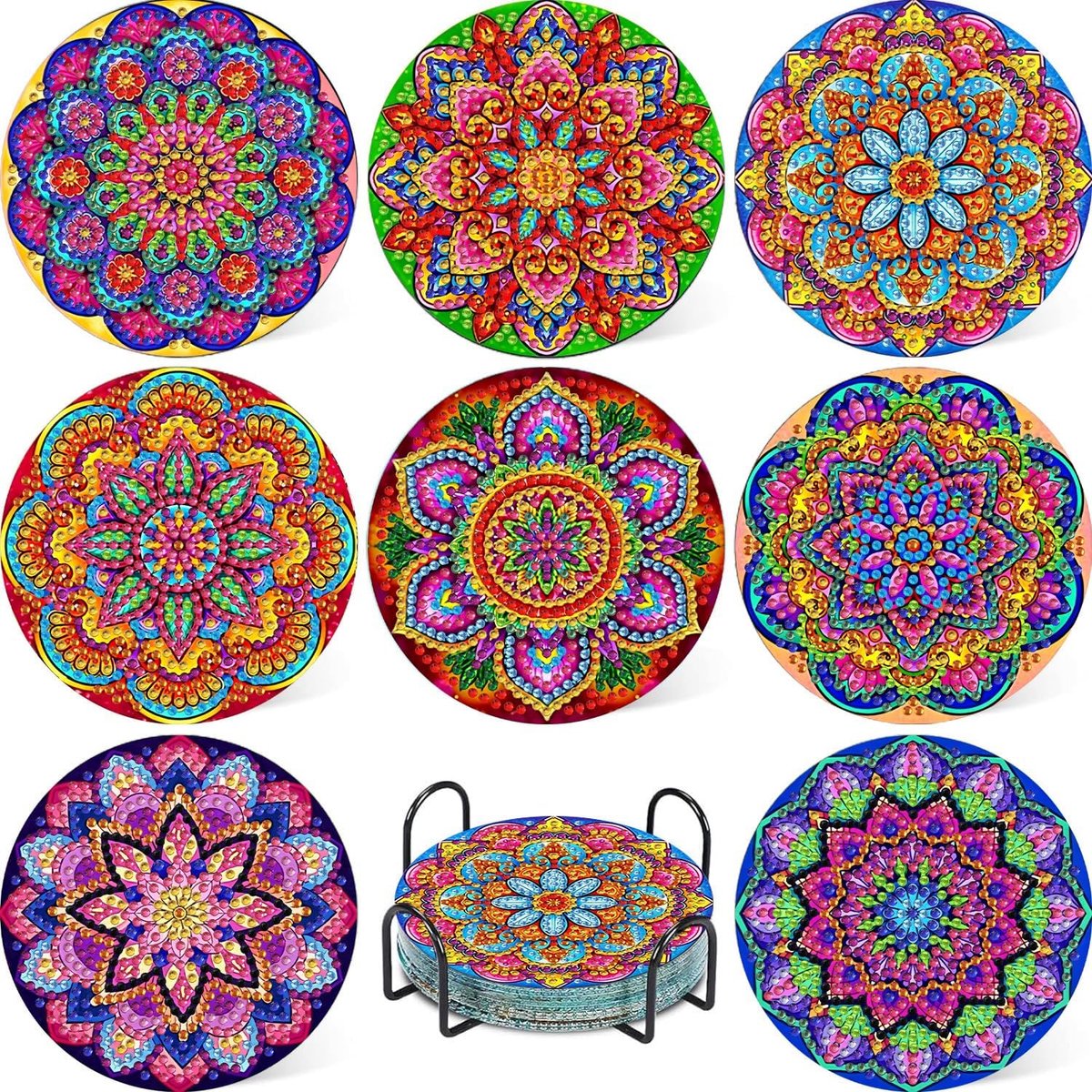8 stuks Mandala Diamond Painting onderzetters met houder 10 x 10 cm
