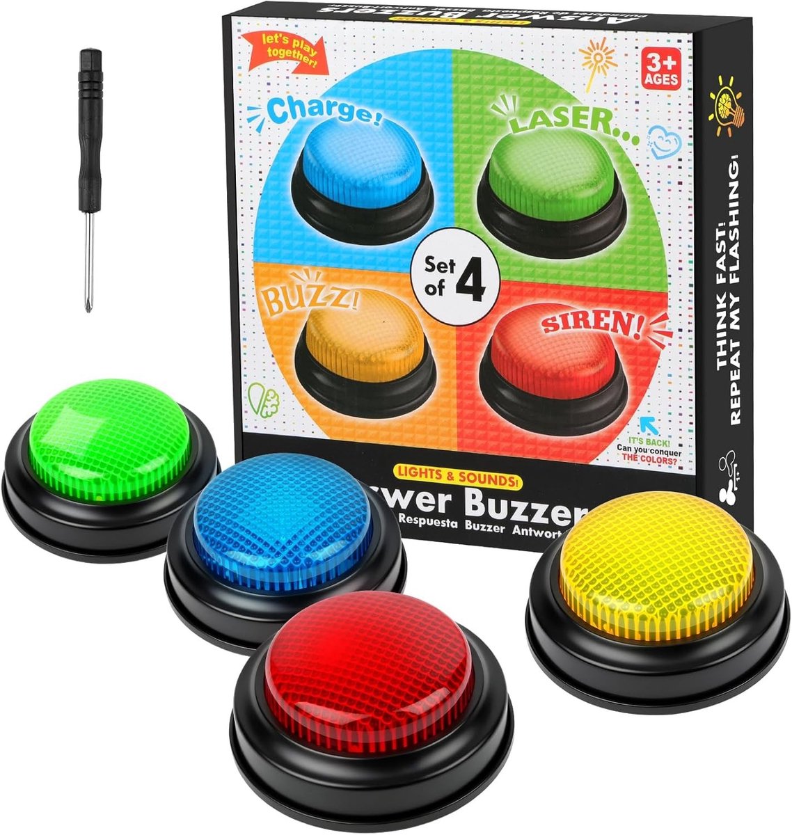 Set van 4 Antwoordknoppen voor Trivia Spellen, Quiz Show Buzzer met Lichten en Geluidseffecten voor Klaskamers en Feestjes