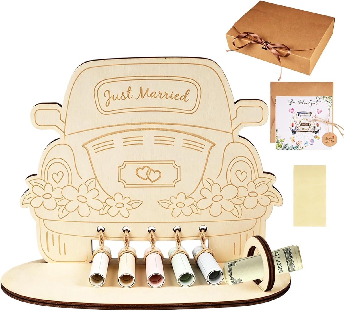 Bruiloftskaartenset met houten auto, complete set & doe-het-zelf huwelijkscadeau.