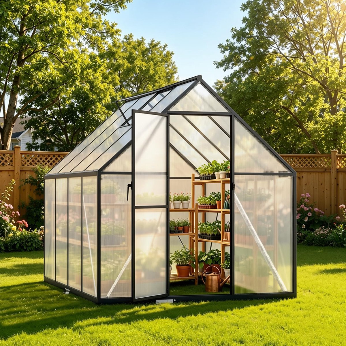 Tuinkas, 224 x 170 x 195 cm, uv-bestendige polycarbonaat, versterkt frame, stabiel en weerbestendig voor tuin, winterbestendig, hagelbestendig, zwart
