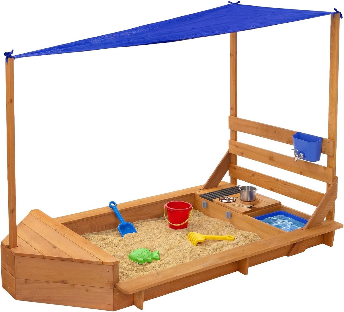 Zandbak Houten met Dak en Modderkeuken van Massief Hout, Bootdesign, Speelzandbak 101x163 cm met 2 Zitbanken en Accessoires, UV-Bescherming en Randbescherming, Tuinspeelgoed voor Kinderen