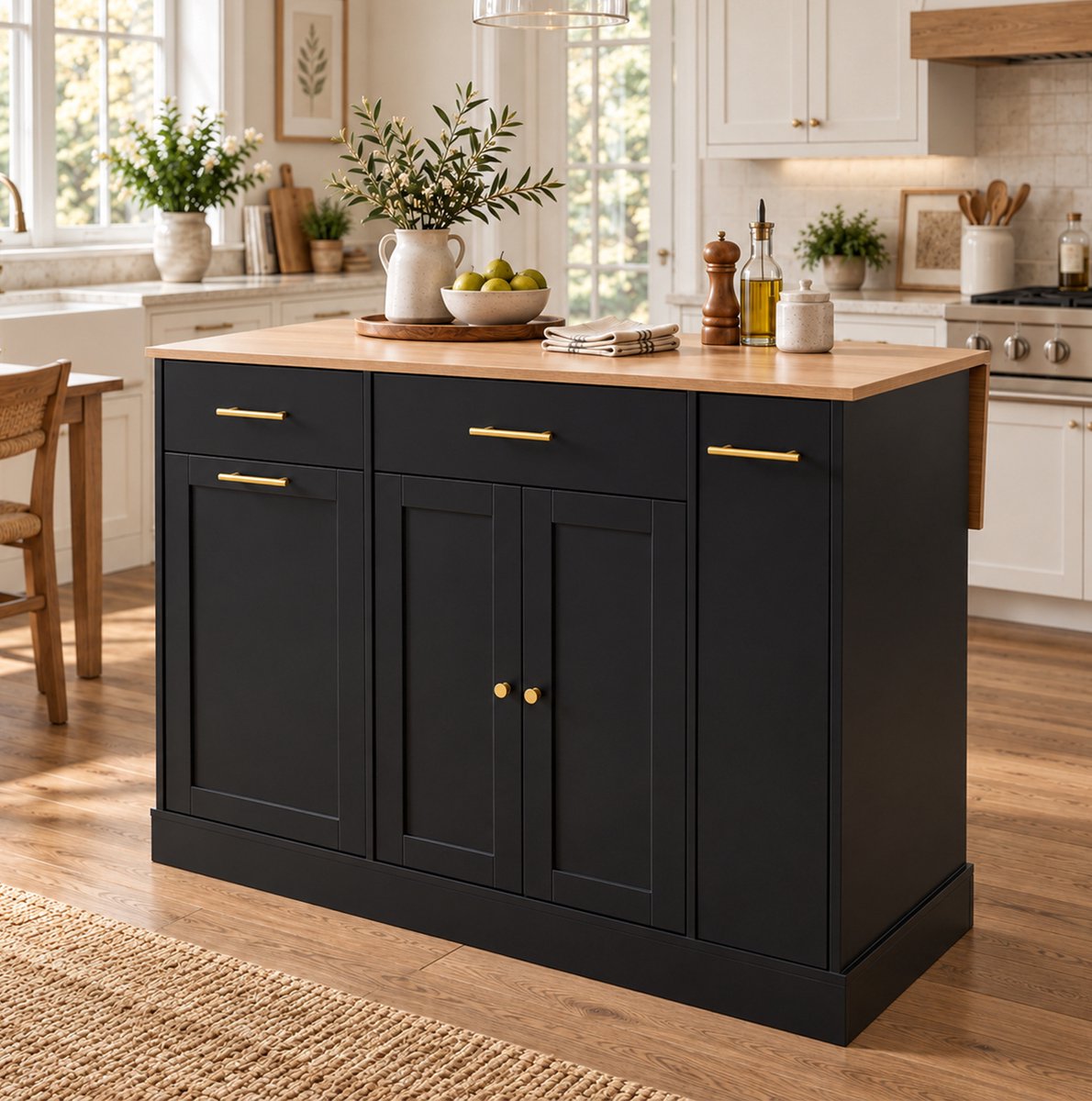 MODFU-Keuken Eiland-Klapbaar Werkblad-Vrijstaand-Uitrekbaar Zijrek-Zwarte Kast-Houtlook