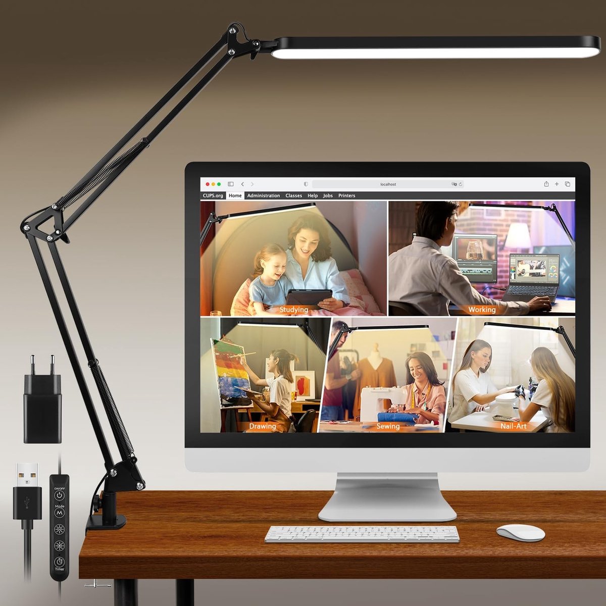 Verstelbare LED Bureau Lamp met Klem, 5 Kleuren en 11 Dimmable Helderheidsniveaus, Oogbescherming en Geheugenfunctie voor Thuis en Kantoor