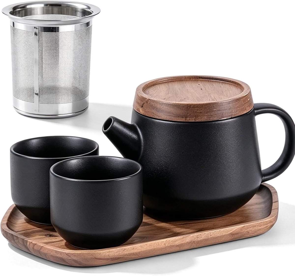 0,6 l keramische theepot set met dienblad en 2 kopjes, keramische theepot in Japanse stijl voor theekeremonie thuis en kantoor, zwart