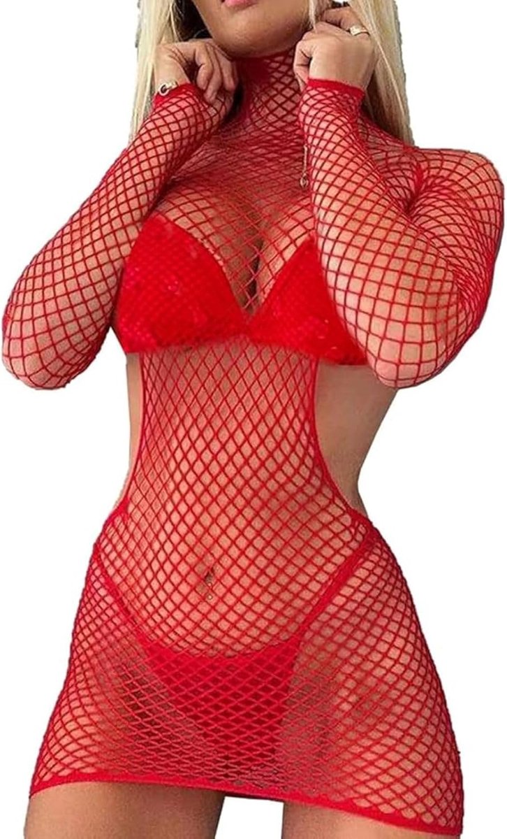 Mini-jurk voor dames, netstof, lingerie, rugvrij, nauwsluitend, babydoll, lange mouwen, nachthemd, opstaande kraag, negligé, transparant, korte jurk, body clubwear, hot bikini cover up