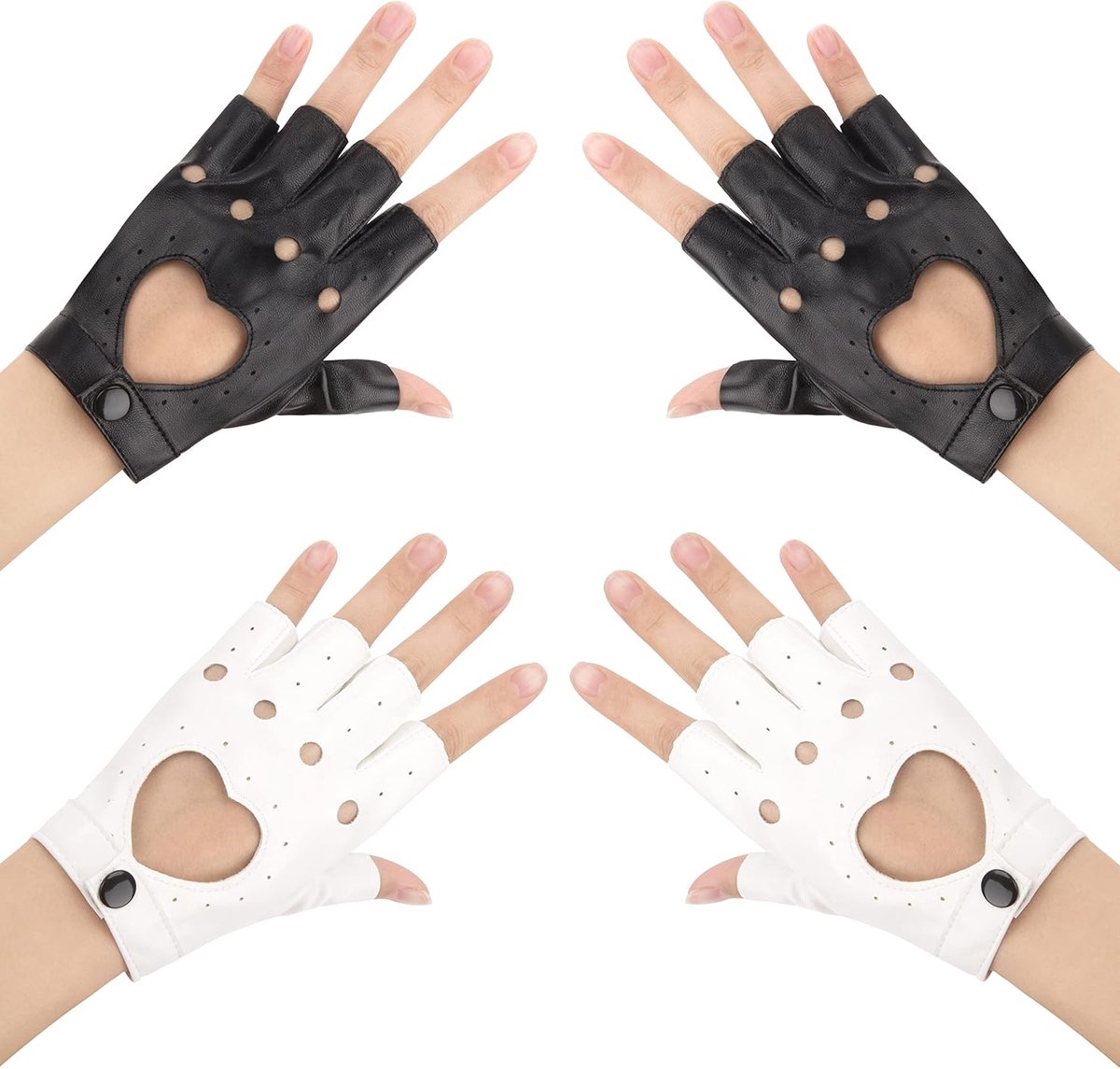 2 paar vingerloze PU-lederen handschoenen voor dames, punk, hart-hals, handschoenen voor autorijden, fietsen, dansen, prestaties, cosplay, eenheidsmaat (zwart en wit), zwart/wit, Eén maat
