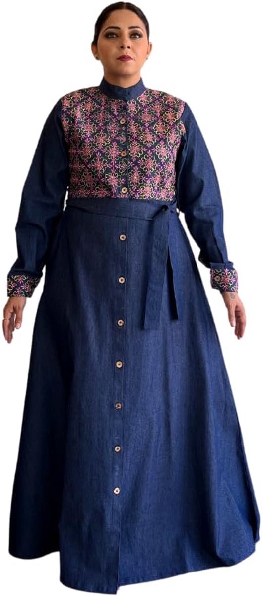 Jas abaya in denim met een button-down voorkant en rijk borduurwerk, Beige met zwart borduurwerk, one size