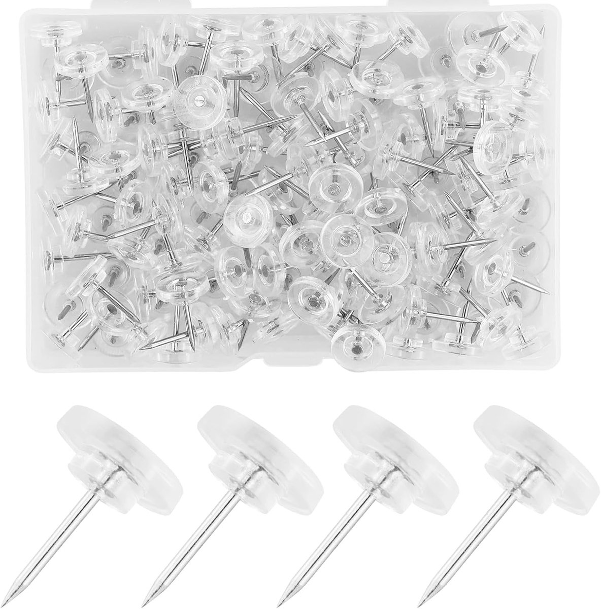 Punaises, platte kopnagels, punaises met kunststof doos, kussennagels, kaartnagels, punaises voor doe-het-zelf, zwarte plank, kurkplanken