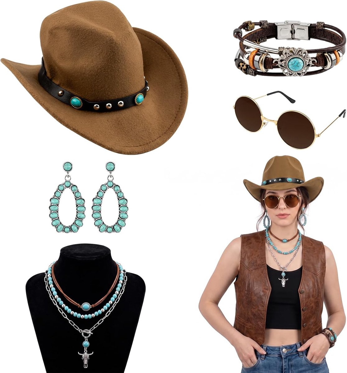 5-delige Cowboyhoedset voor Dames, Westerse Cowboyhoeden en Accessoires