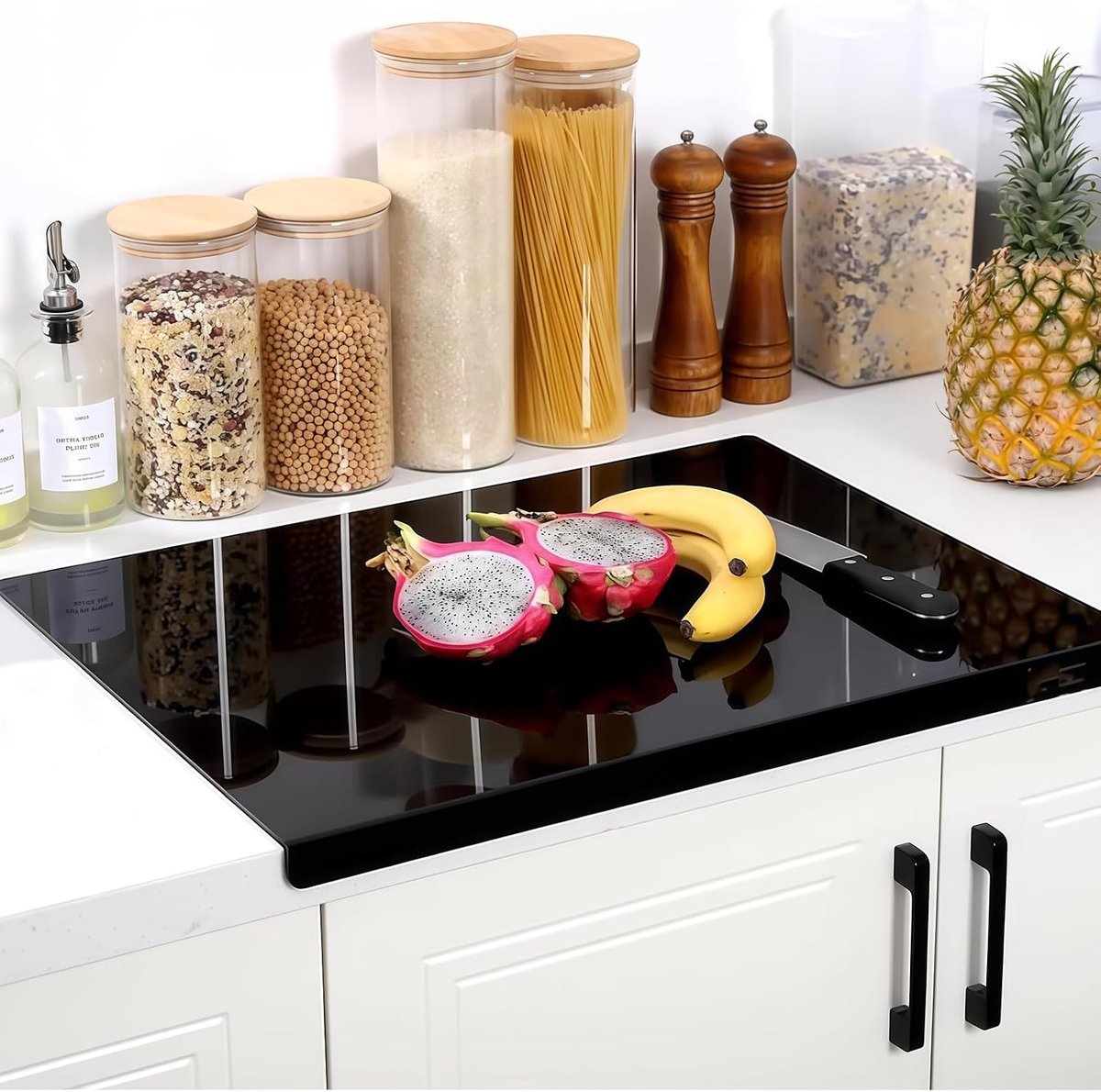 Snijplanken van acryl, 40 x 30 cm, werkblad in de keuken, werkbladbeschermer met aanslagrand, doorzichtige en anti-slip ontbijtplankjes voor het aanrecht (zwart)