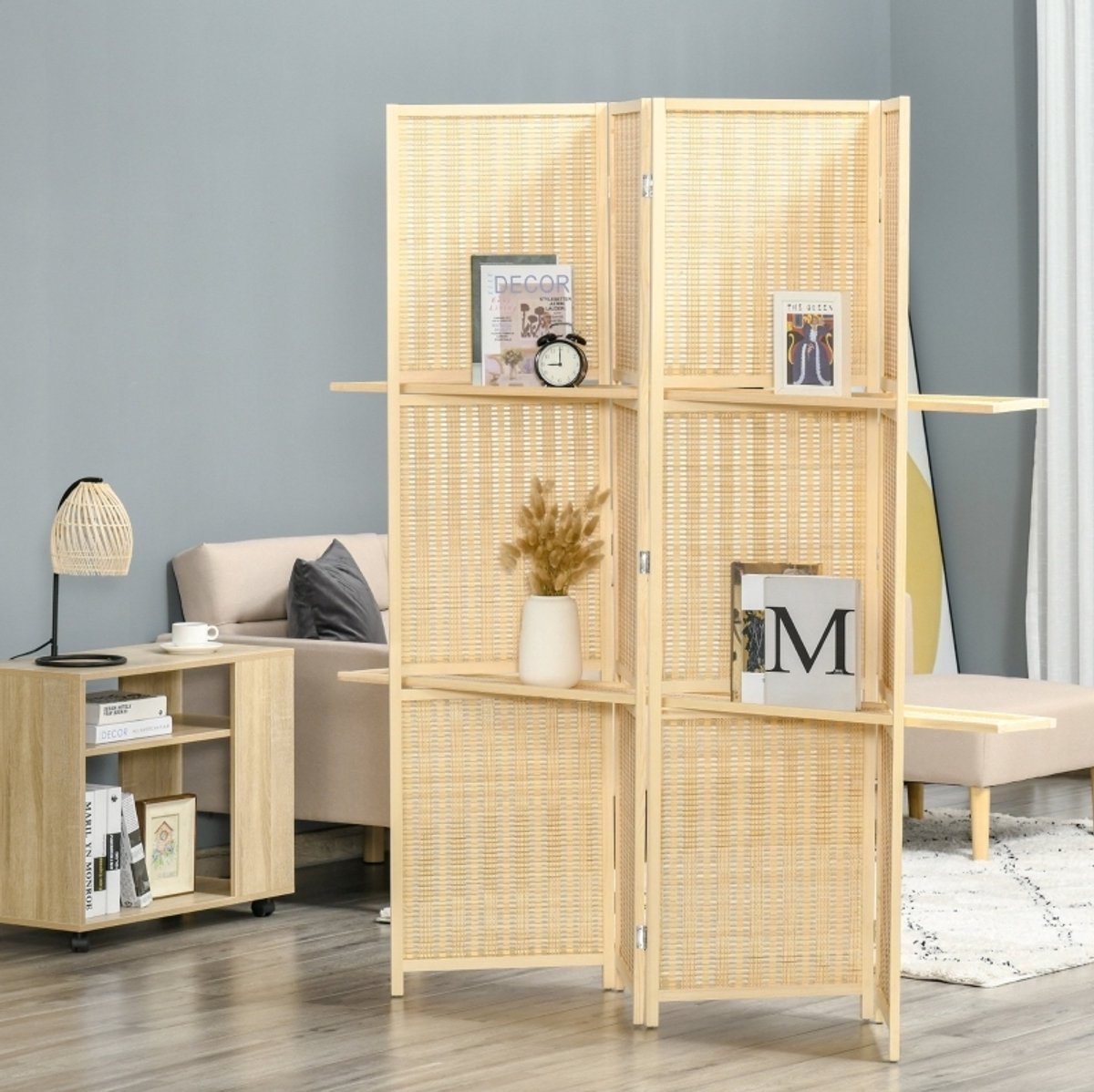 MIVRAY Kamerscherm – Opvouwbaar – 180 x 1,9 x 180 cm – Bamboe En Hout – Natuurlijk Hout – Ruimteverdeler Met Legplanken – 4-Delig