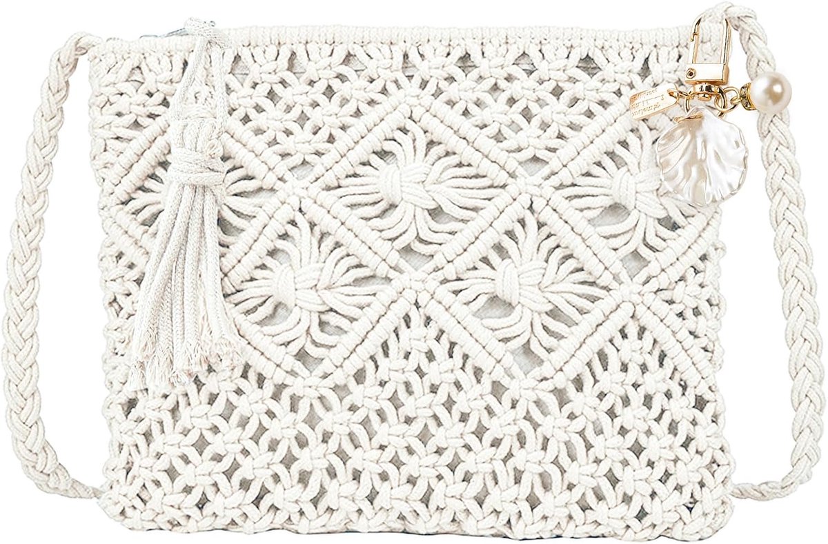 Dailygoods- Crossbody Bag - Handgemaakt - Woven Tas - Strandtas - Schoudertas - 25 x 19 cm - Inclusief Schelpaccessoires