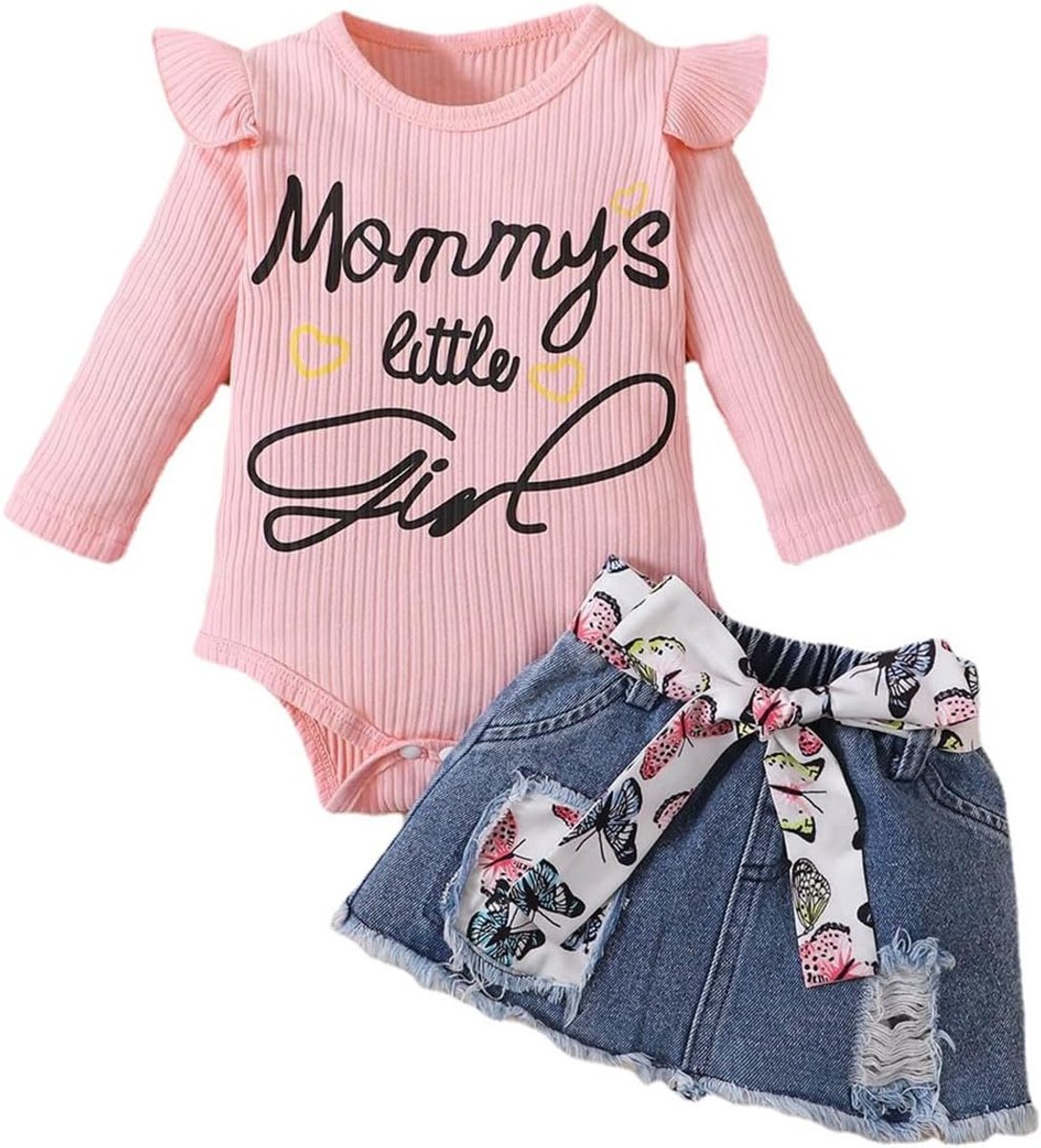 Kleding voor pasgeborenen babymeisjes, letterprint, ruches, romper + jeans, gescheurde denim-rok, zuigeling, outfit, set, 0-18 maanden