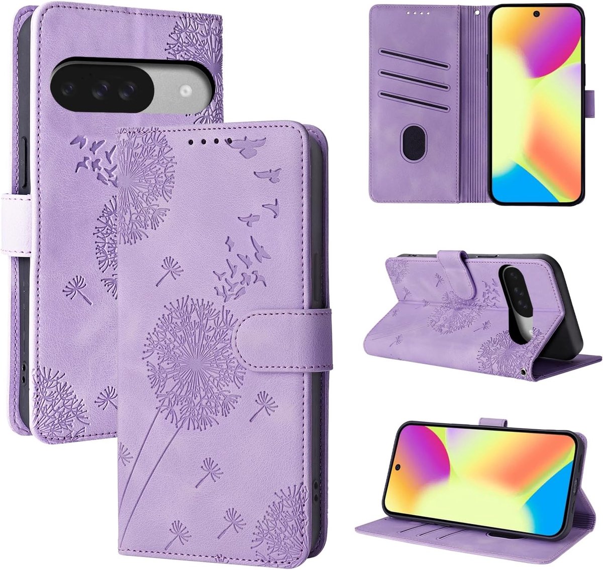 Hoes voor mobiele telefoon voor Google Pixel 10/10 Pro, paardenbloem, PU-leren flip case, portefeuille, tas, hoes, magnetische telefoonhoes voor Google Pixel 10/10 Pro, paars