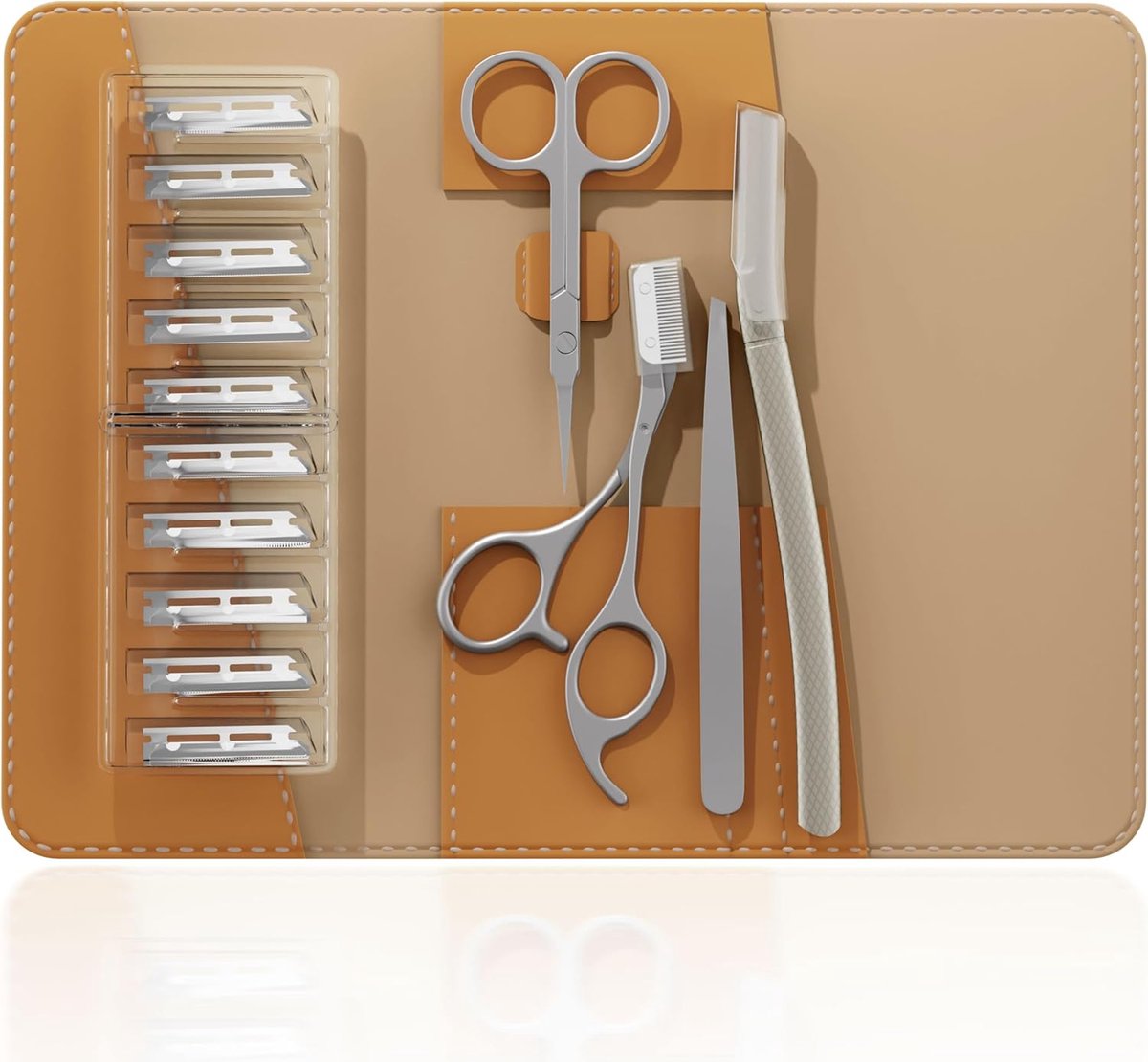 Pincet voor gezichtshaar bij vrouwen, 4-in-1 wenkbrauwset met pincet, wenkbrauwtrimmerschaar, scheermes, stijl leren reisetui, dagelijkse beautytools voor epileren