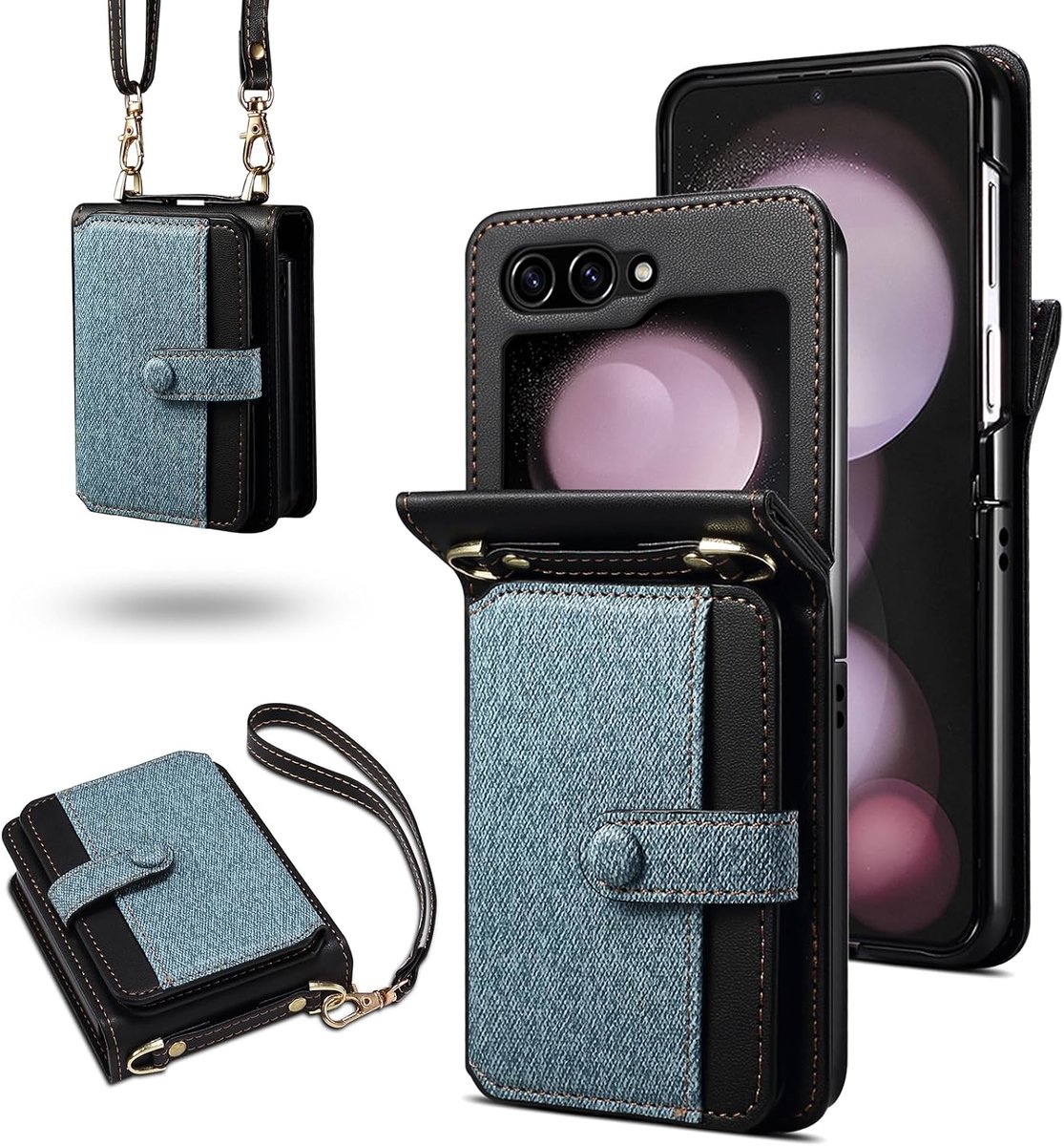 Beschermhoes voor Samsung Galaxy Z Flip 7, flip portefeuille, beschermhoes van PU-leer, met afneembaar en verstelbaar koord, kleurencombinatie met kaartvakken, blauw