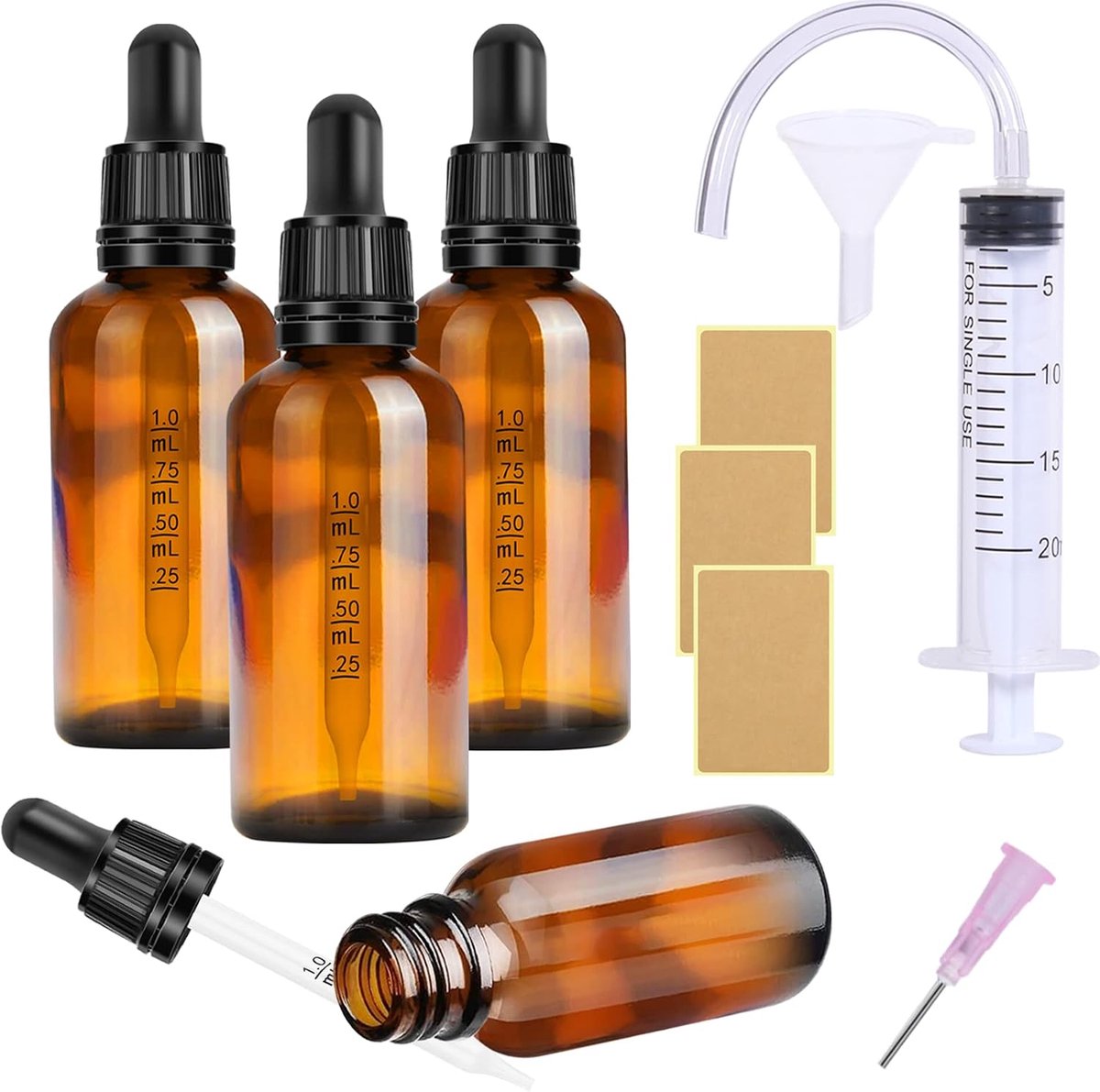 Pipetfles van glas, 4 stuks, 50 ml, apothekerflessenset, kleine bruine glazen flessen met pipet, druppelflessen, glazen flessen met zwarte pipetdop, inclusief 5 stuks hulpaccessoires