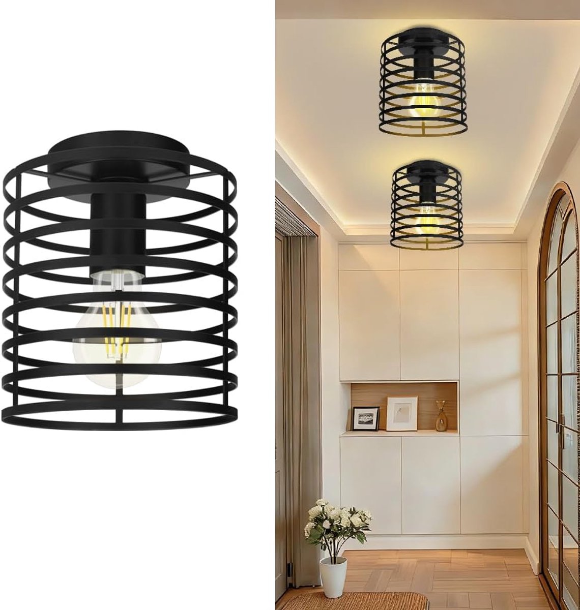 Industriële led-plafondlamp, plafondlamp voor slaapkamer, woonkamer, keuken, kantoor, plafondlamp, zwart, E27, 40 W, cilindrisch van ijzer, voor hal, eetkamer, 16,5 x 16 cm