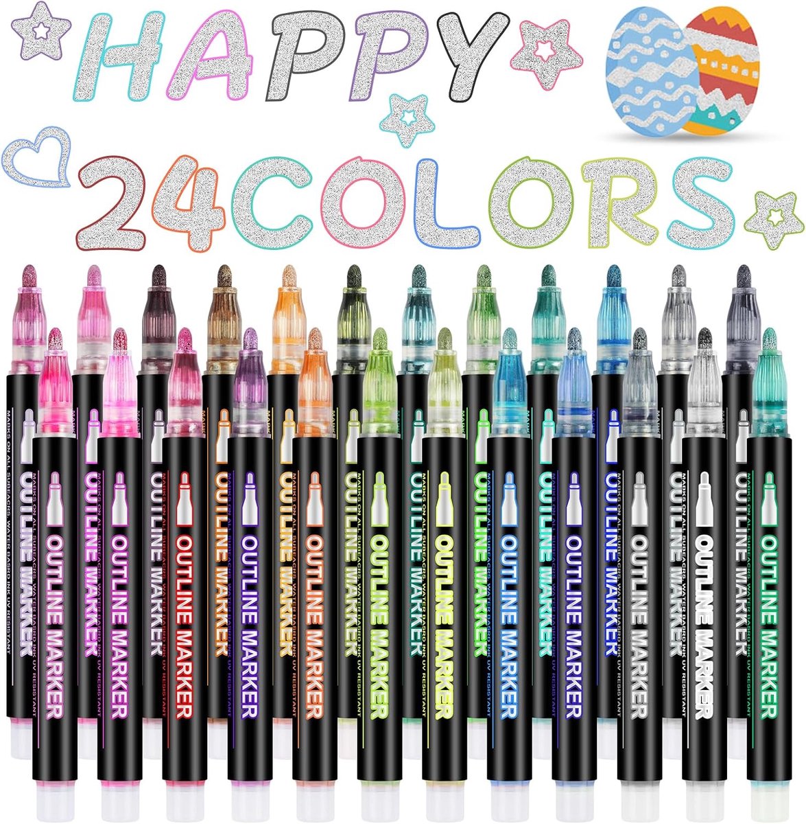 24 kleuren glitter pennen omtrek markeerpennen, kunst en ambachten voor kinderen, voor scrapbooking, verjaardagskaart, doe-het-zelf kunstambachten, schilderen, paasgeschenken voor 4-12 jaar oude