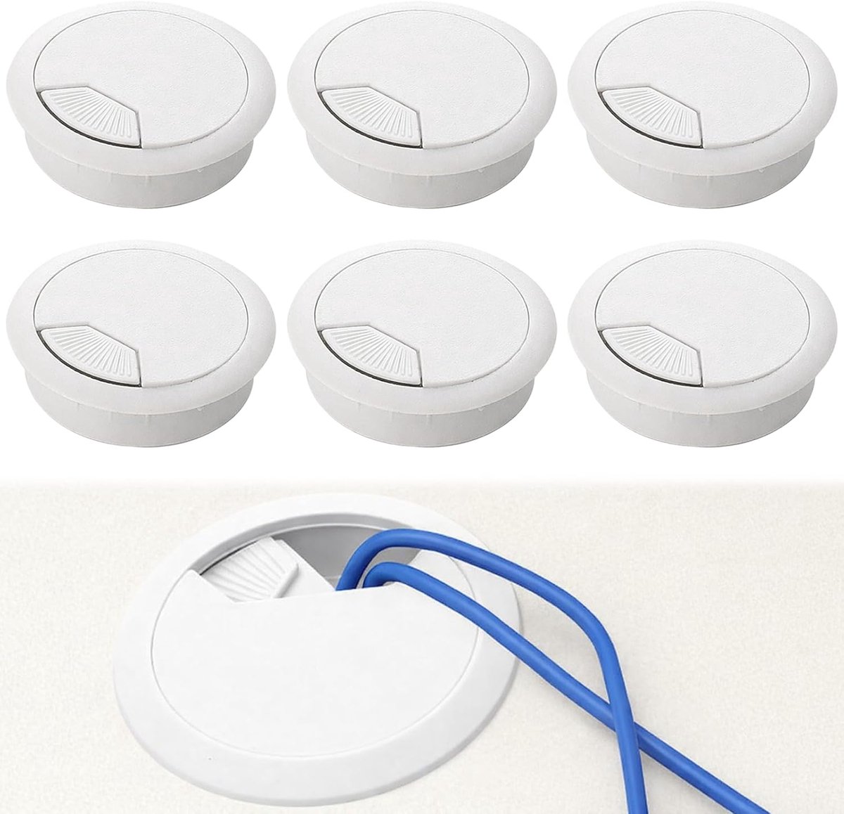 Kabeldoorvoer voor bureau, kabeldoorvoer, wit, 50 mm kabeldoorvoer rond, geschikt voor bureaus en werkbanken, 6 stuks
