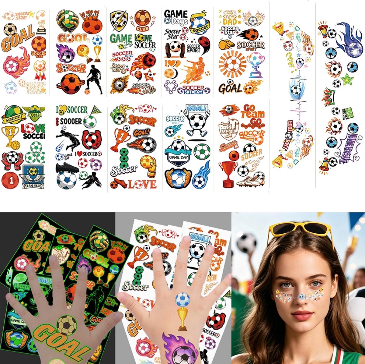 Tijdelijke tatoeages, set, 10 vellen voetbal fluorescerende tatoeages voor kinderen, 2 stuks voetbal voor gezicht voor verjaardagsfeest, wereldkampioenschap, carnaval