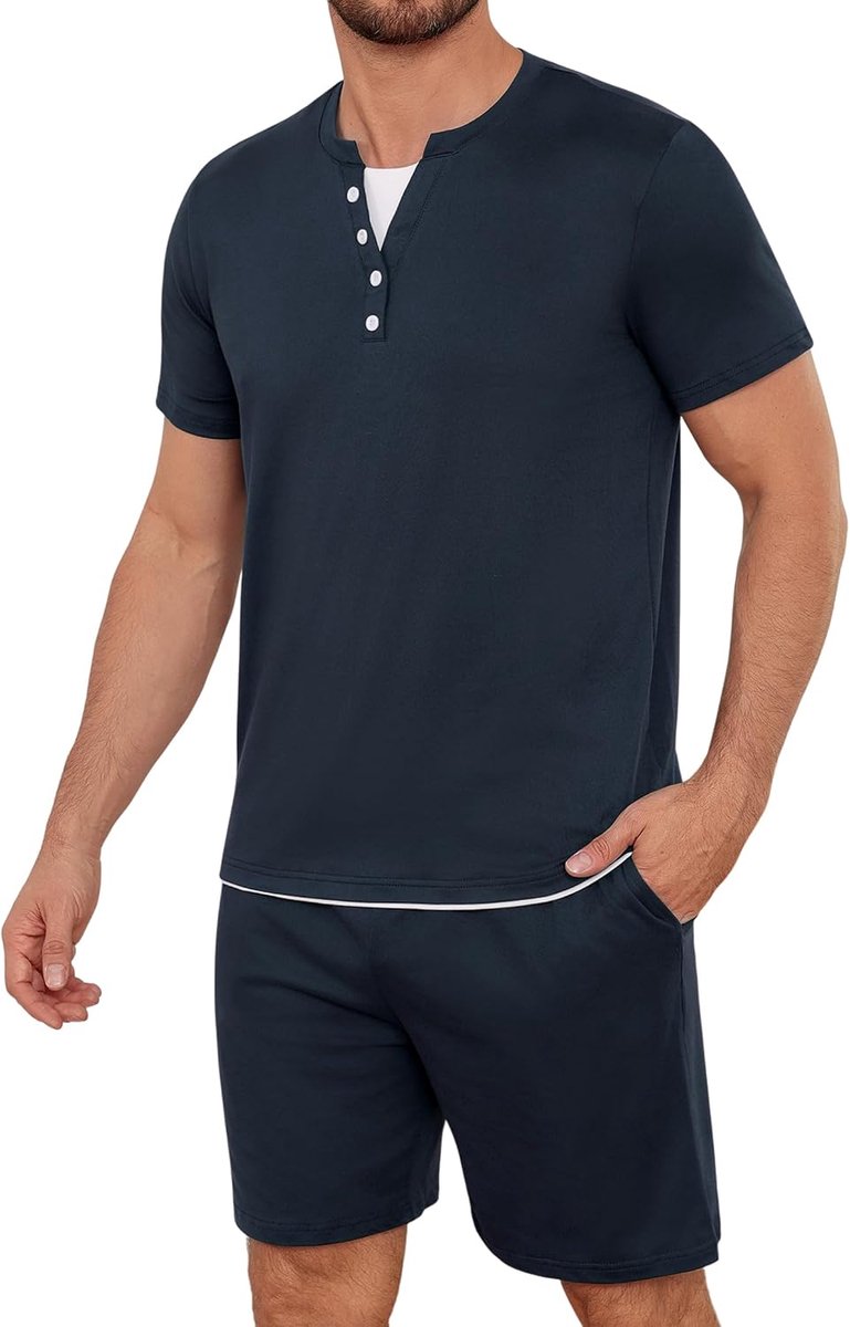Zomerpyjama voor heren, zomer, kort, katoen, licht, 2 stuks, pyjama's met knopen, ronde hals, korte mouwen, T-shirt en shorts, effen kleur
