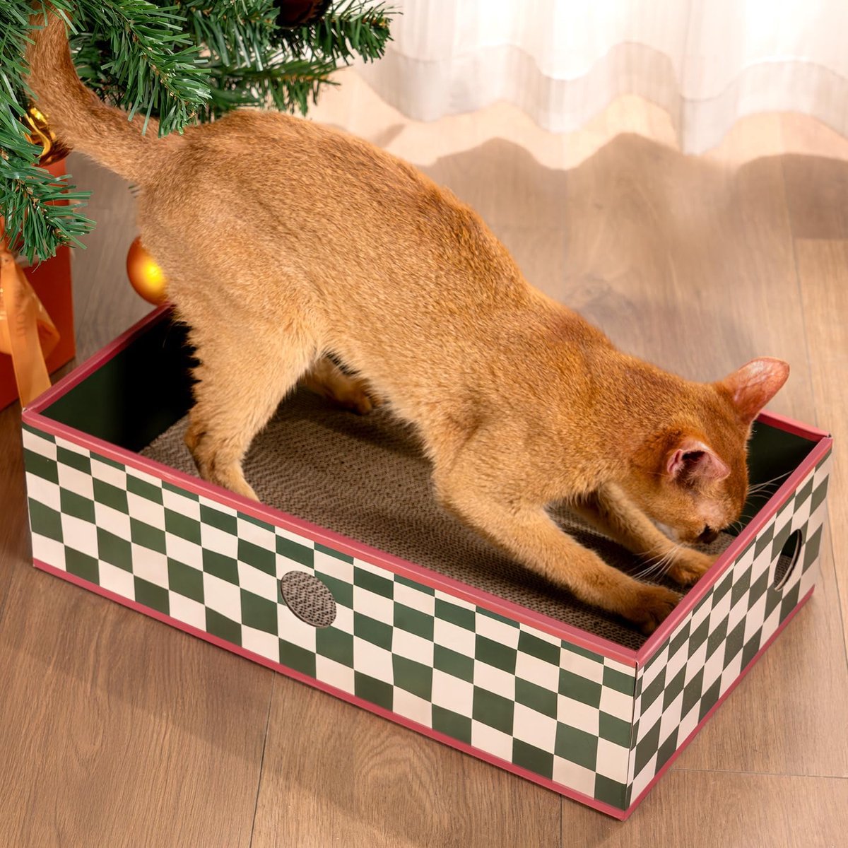 Krabplank voor katten met doos, grote krabbendoos, zwaar dubbelzijdig kartonnen krasbestendig, interactieve gaten en rommelvrije bedlounge voor binnenkatten, met kattenkruid (groot, groen
