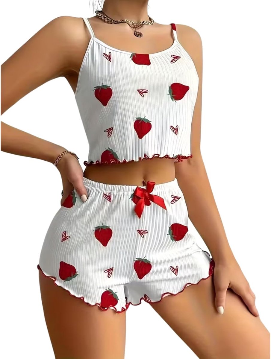 Damespyjama voor de zomer, kort, met hartprint, mouwloos T-shirt en shorts, sexy pyjama, zacht