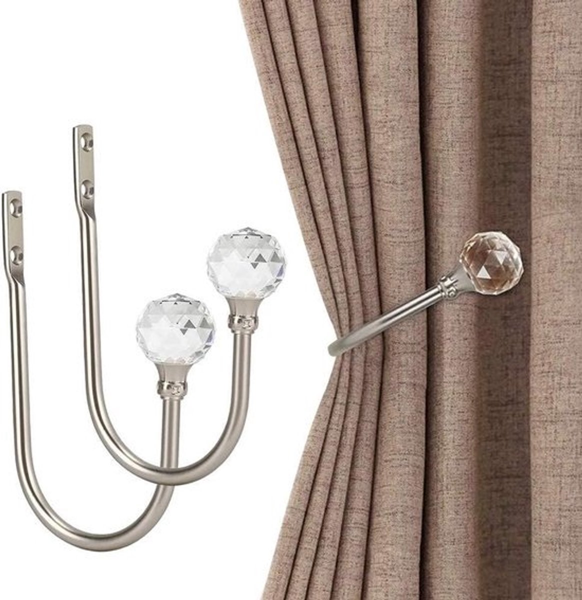 Gordijnhouders in U-vorm - Haken voor gordijnen - Voor raamdecoratie - Kristallen bollen - 15 x 7.5 cm - Zilver