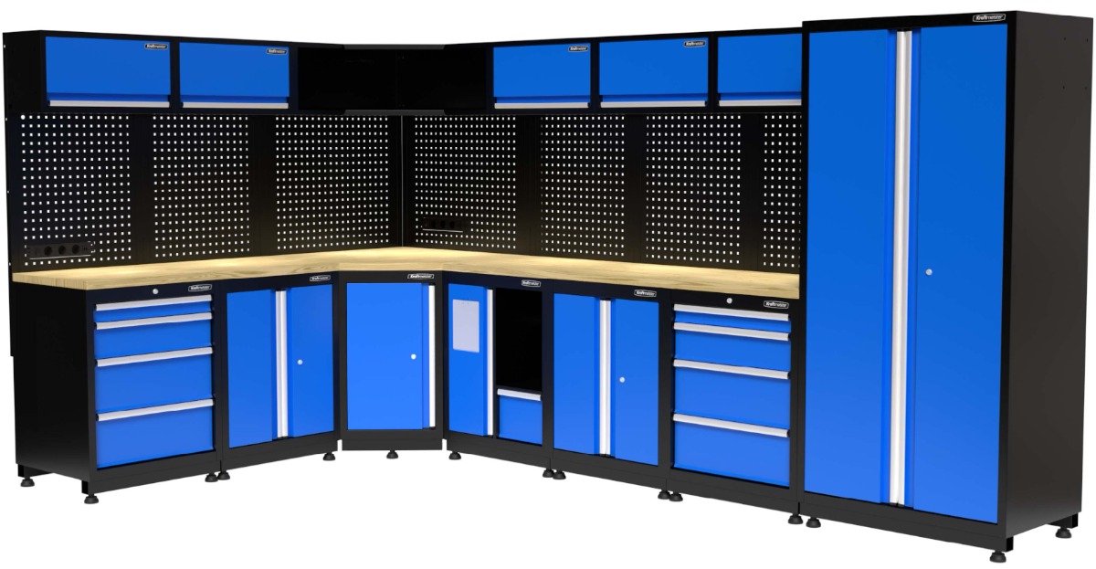 Kraftmeister werkplaatsinrichting - Werkbank met 6 wandkasten, 1 werkplaatskast, 3 opbergkasten, 1 prullenbak en eiken werkblad - Werktafel met 8 laden en gereedschapswand - Complete set voor werkplaats of garage - Blauw