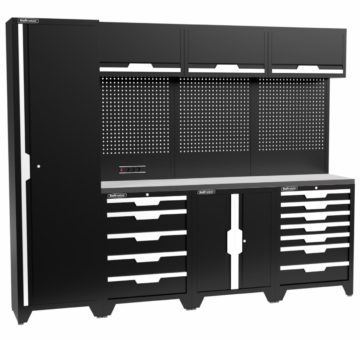 Kraftmeister werkplaatsinrichting - Werkbank met 3 wandkasten, 1 werkplaatskast, 1 opbergkast en RVS werkblad - Werktafel met 12 laden en gereedschapswand - Complete set voor werkplaats of garage - Zwart