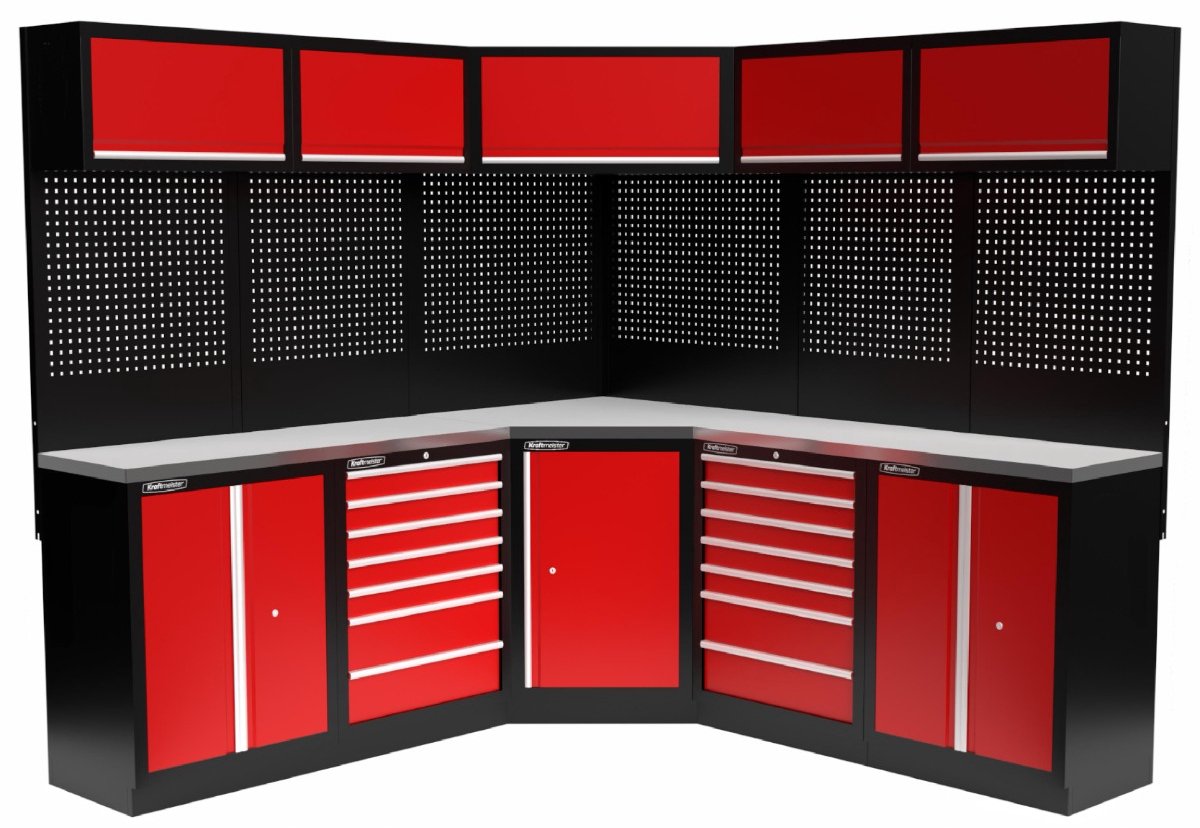 Kraftmeister werkplaatsinrichting - Werkbank met 5 wandkasten, 2 opbergkasten en RVS werkblad - Werktafel met 10 laden en gereedschapswand - Complete set voor werkplaats of garage - Rood