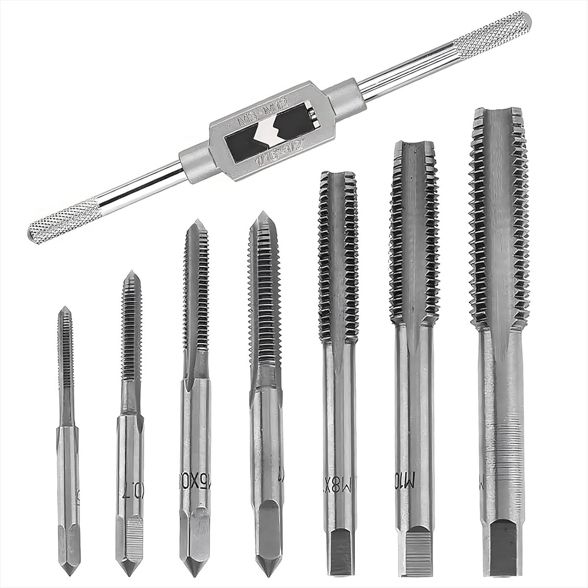 M3-M12 Thread Drill Bit Set, 8 Pcs Bearings, Steel, Adjustable PRO Wind Iron, Screw Tap Set with Straight Groove Taps - ShopVlot