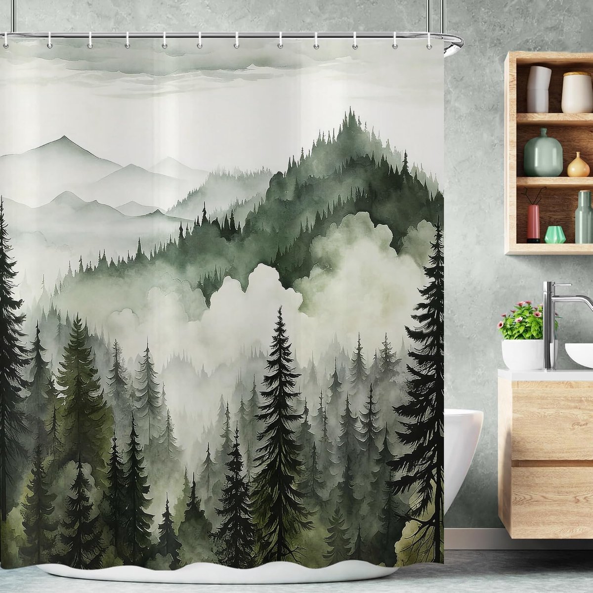 Douchegordijn 180 x 200 cm - Donkergroen Misty Forest - Waterdicht polyester - Rustiek boslandschap - ShopVlot